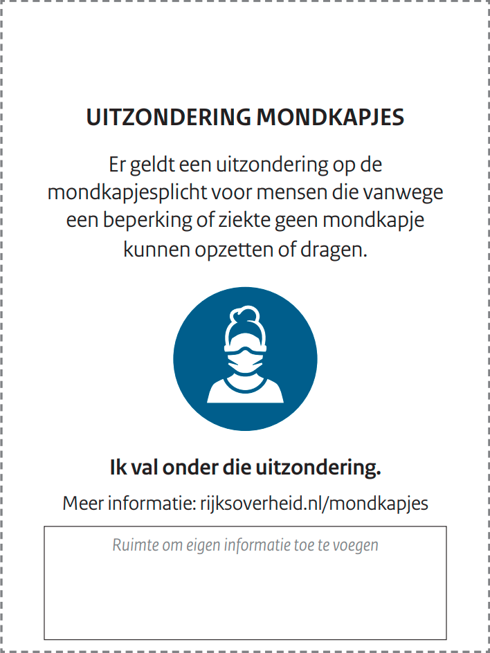 Kaartje om te voorkomen dat u een mondkapje moet dragen